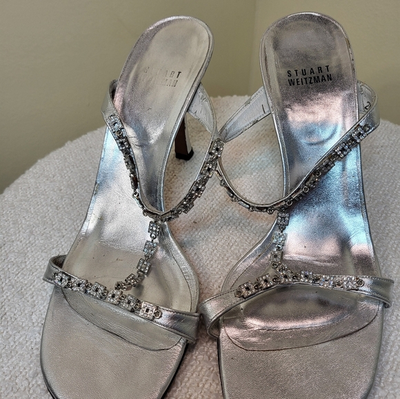 Stuart Weitzman Elegant Silver Rinestone Strappy Women's Heels - Picture 3 of 14